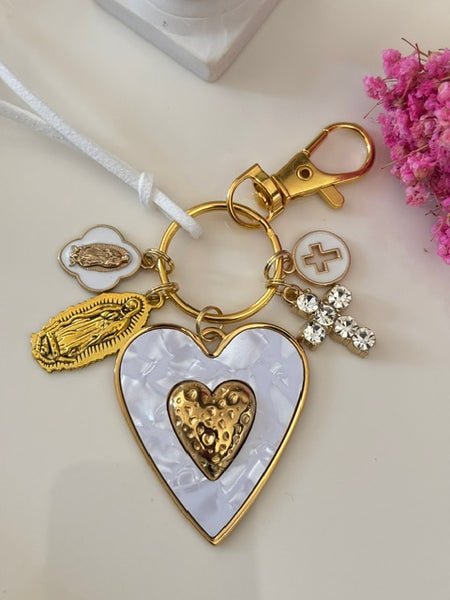 Porte-clés vierge Marie coeur sacré et croix, cadeau pour maman vierge de la Guadeloupe, breloque vierge médaille miraculeuse, ex voto bijou