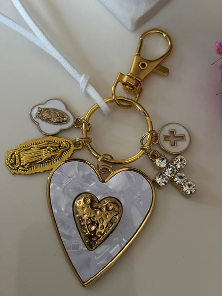 Porte-clés vierge Marie coeur sacré et croix, cadeau pour maman vierge de la Guadeloupe, breloque vierge médaille miraculeuse, ex voto bijou