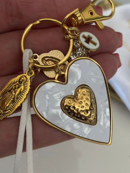 Porte-clés vierge Marie coeur sacré et croix, cadeau pour maman vierge de la Guadeloupe, breloque vierge médaille miraculeuse, ex voto bijou