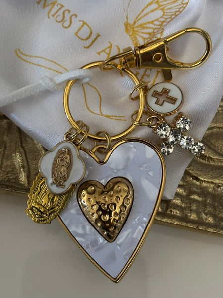 Porte-clés vierge Marie coeur sacré et croix, cadeau pour maman vierge de la Guadeloupe, breloque vierge médaille miraculeuse, ex voto bijou
