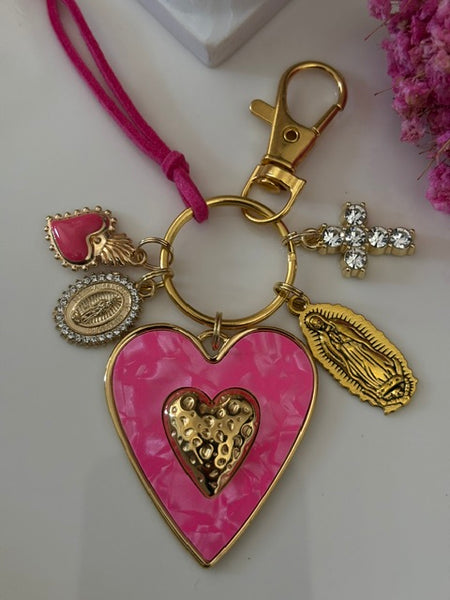 Porte-clés vierge Marie coeur sacré et croix, cadeau pour maman vierge de la Guadeloupe, breloque vierge médaille miraculeuse, ex voto bijou