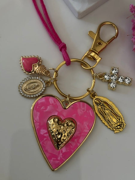 Porte-clés vierge Marie coeur sacré et croix, cadeau pour maman vierge de la Guadeloupe, breloque vierge médaille miraculeuse, ex voto bijou