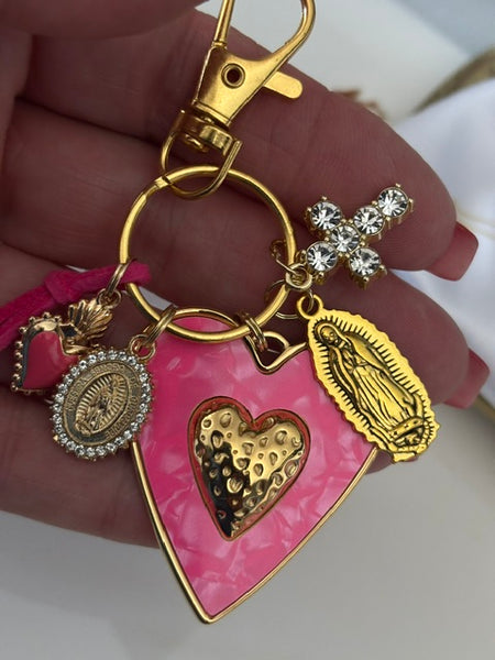 Porte-clés vierge Marie coeur sacré et croix, cadeau pour maman vierge de la Guadeloupe, breloque vierge médaille miraculeuse, ex voto bijou