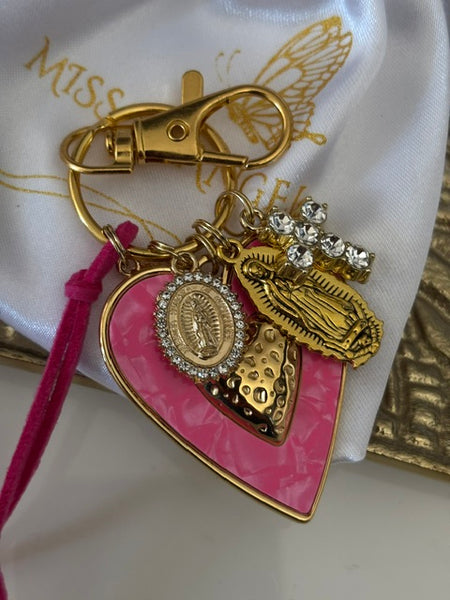 Porte-clés vierge Marie coeur sacré et croix, cadeau pour maman vierge de la Guadeloupe, breloque vierge médaille miraculeuse, ex voto bijou