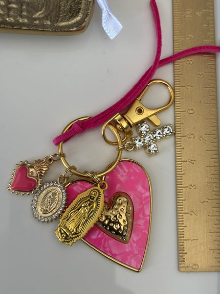 Porte-clés vierge Marie coeur sacré et croix, cadeau pour maman vierge de la Guadeloupe, breloque vierge médaille miraculeuse, ex voto bijou