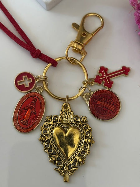 Porte-clés vierge Marie coeur sacré et croix, cadeau pour maman Saint Benoit, breloque vierge médaille miraculeuse, porte clé vierge