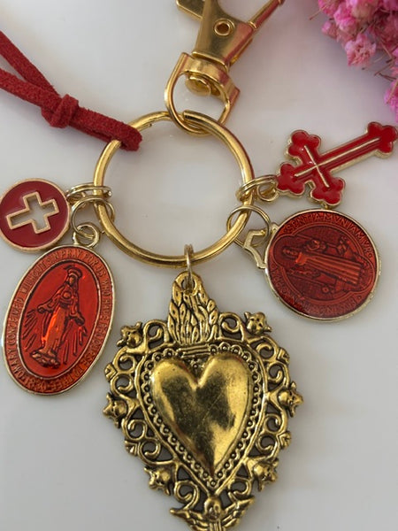 Porte-clés vierge Marie coeur sacré et croix, cadeau pour maman Saint Benoit, breloque vierge médaille miraculeuse, porte clé vierge