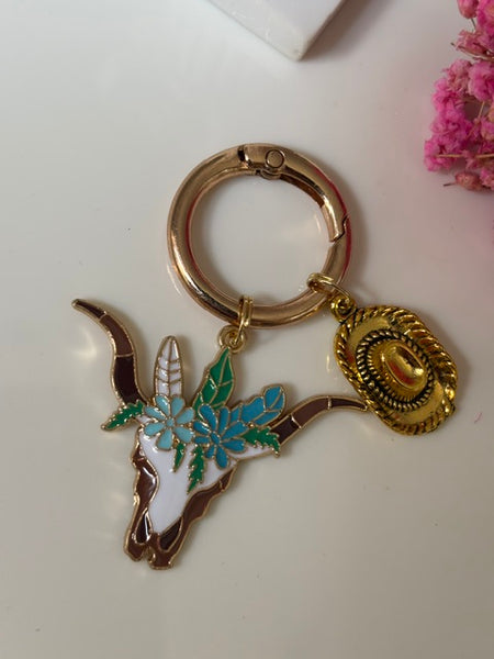 Charms de sac tête de buffle, porte-clés rodéo chapeau, breloque tête de buffle et chapeau country
