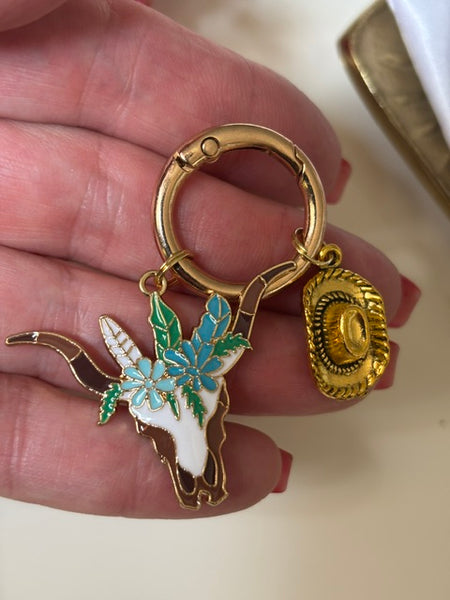 Charms de sac tête de buffle, porte-clés rodéo chapeau, breloque tête de buffle et chapeau country