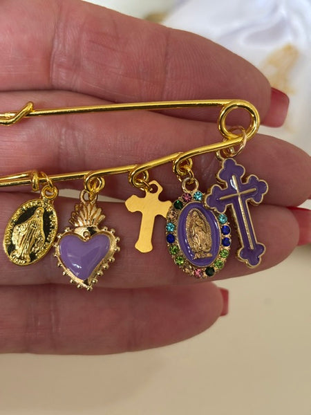 Broche ex voto, broche croix médaille religieuse, cadeau pour maman croix, cadeau pour femme croix, breloque croix violet
