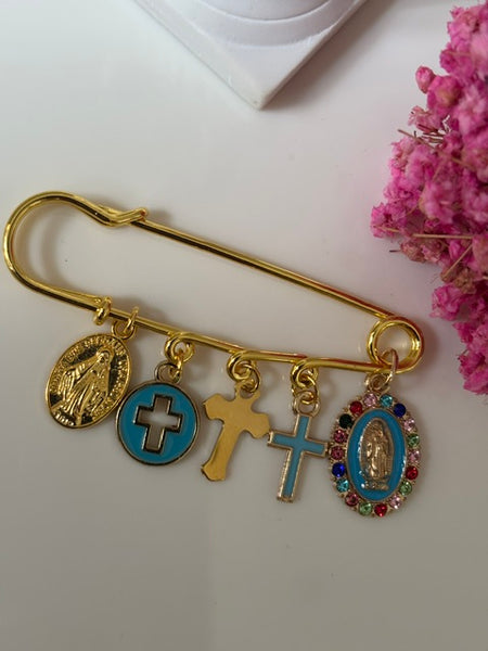 Broche ex voto, broche médaille religieuse, broche épingle porte bonheur, croix et vierge miraculeuse fait main, broche protection croix