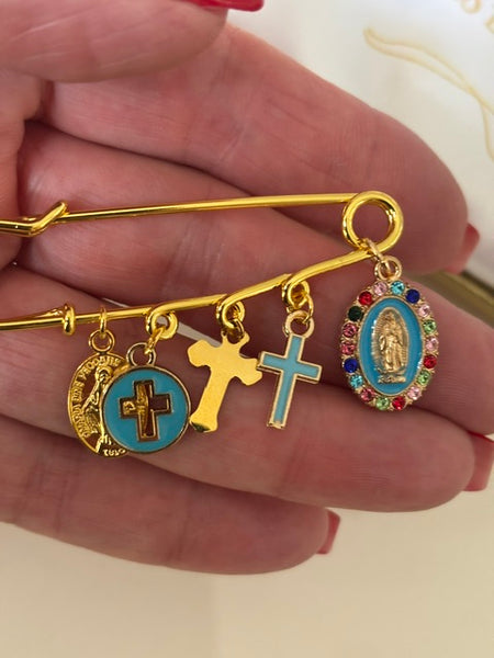 Broche ex voto, broche médaille religieuse, broche épingle porte bonheur, croix et vierge miraculeuse fait main, broche protection croix