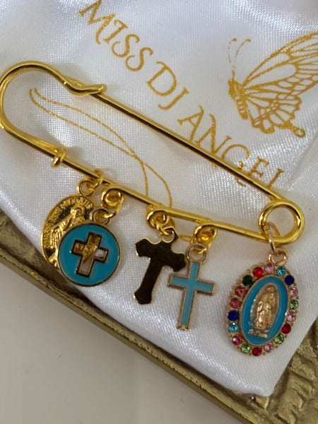Broche ex voto, broche médaille religieuse, broche épingle porte bonheur, croix et vierge miraculeuse fait main, broche protection croix