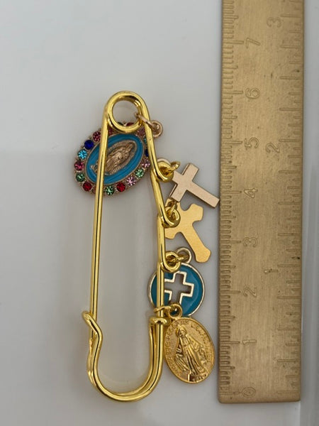 Broche ex voto, broche médaille religieuse, broche épingle porte bonheur, croix et vierge miraculeuse fait main, broche protection croix