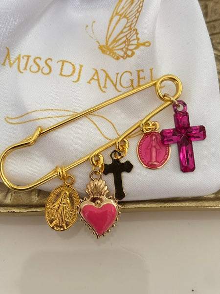 Broche ex voto, broche croix médaille religieuse, cadeau pour maman croix, cadeau pour femme croix, breloque croix fuchsia