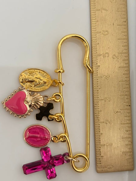 Broche ex voto, broche croix médaille religieuse, cadeau pour maman croix, cadeau pour femme croix, breloque croix fuchsia