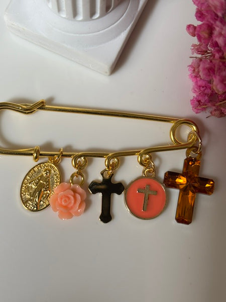 Broche ex voto, broche médaille religieuse, broche épingle porte bonheur, croix et vierge miraculeuse fait main,