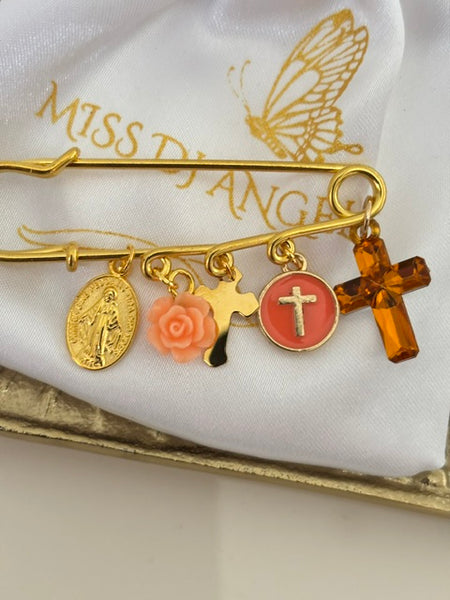 Broche ex voto, broche médaille religieuse, broche épingle porte bonheur, croix et vierge miraculeuse fait main,