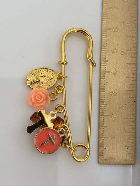 Broche ex voto, broche médaille religieuse, broche épingle porte bonheur, croix et vierge miraculeuse fait main,