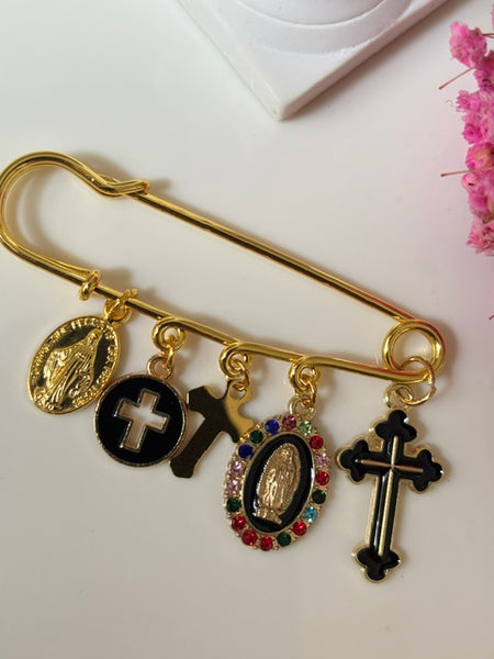 Broche ex voto, broche médaille religieuse, broche épingle porte bonheur, croix et vierge miraculeuse fait main, broche protection
