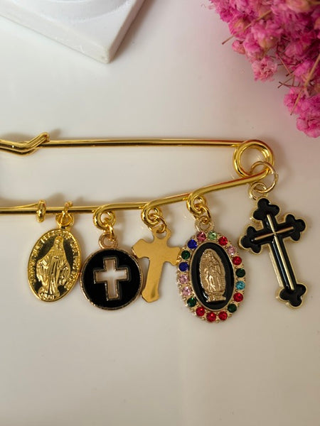 Broche ex voto, broche médaille religieuse, broche épingle porte bonheur, croix et vierge miraculeuse fait main, broche protection