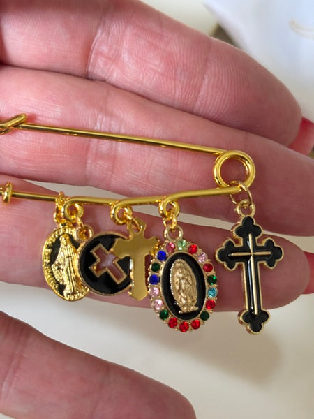 Broche ex voto, broche médaille religieuse, broche épingle porte bonheur, croix et vierge miraculeuse fait main, broche protection