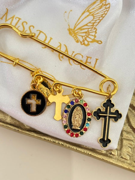 Broche ex voto, broche médaille religieuse, broche épingle porte bonheur, croix et vierge miraculeuse fait main, broche protection