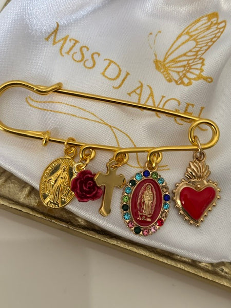 Broche ex voto, broche médaille religieuse, broche épingle porte bonheur, vierge miraculeuse fait main avec amour.