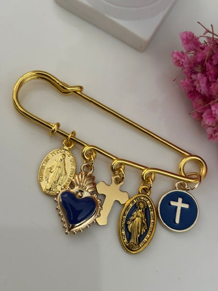 Broche ex voto, broche médaille religieuse, broche épingle porte bonheur, croix et vierge miraculeuse fait main avec amour.
