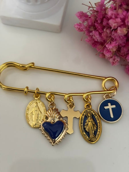 Broche ex voto, broche médaille religieuse, broche épingle porte bonheur, croix et vierge miraculeuse fait main avec amour.