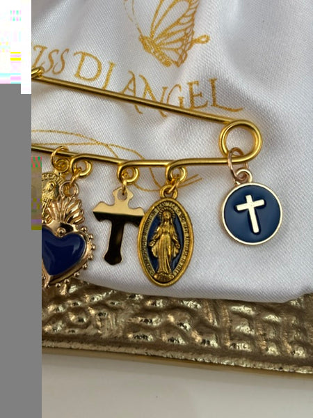 Broche ex voto, broche médaille religieuse, broche épingle porte bonheur, croix et vierge miraculeuse fait main avec amour.