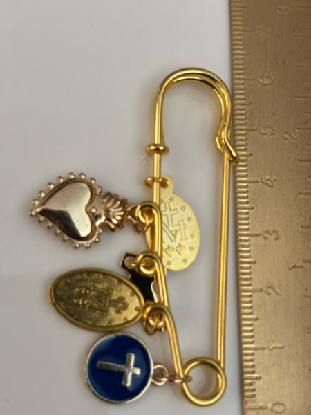 Broche ex voto, broche médaille religieuse, broche épingle porte bonheur, croix et vierge miraculeuse fait main avec amour.