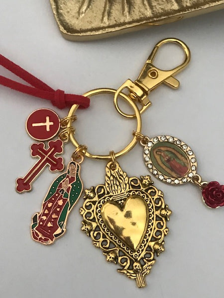 Porte-clés vierge Marie coeur sacré et croix, cadeau pour maman vierge, breloque vierge médaille miraculeuse, porte clé vierge guadeloupe