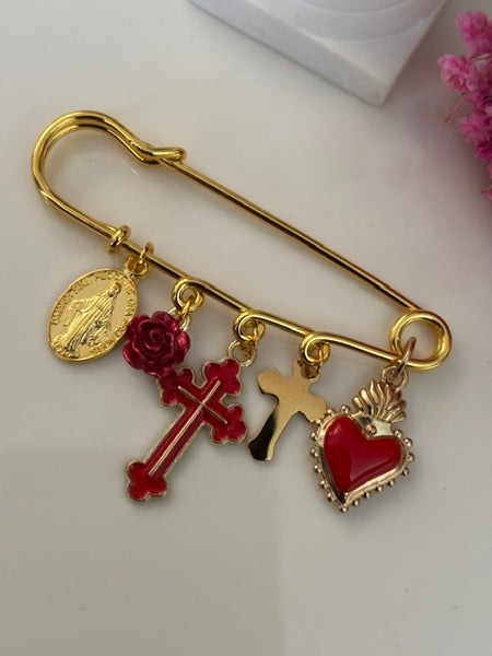 Broche ex voto, broche croix médaille religieuse, cadeau pour maman croix, cadeau pour femme croix, breloque croix coeur sacré