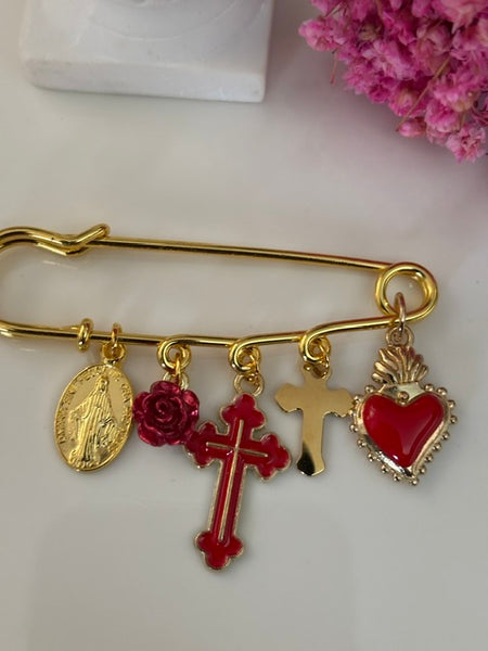 Broche ex voto, broche croix médaille religieuse, cadeau pour maman croix, cadeau pour femme croix, breloque croix coeur sacré