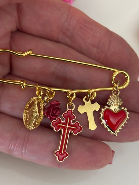 Broche ex voto, broche croix médaille religieuse, cadeau pour maman croix, cadeau pour femme croix, breloque croix coeur sacré