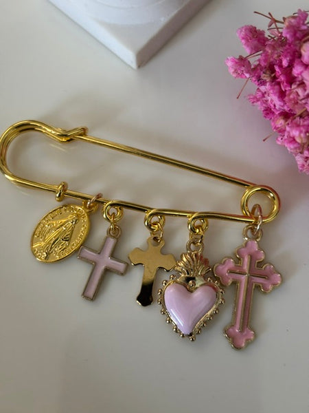 Broche ex voto, broche croix médaille religieuse, cadeau pour maman croix, cadeau pour femme croix, breloque croix rose