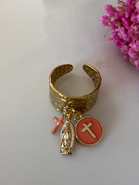Bague ex voto, bague croix et médaille, cadeau pour cérémonie, bague religieuse, anneau ex voto croix, médaille religieuse sur anneau.