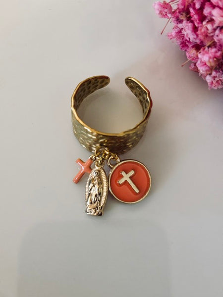 Bague ex voto, bague croix et médaille, cadeau pour cérémonie, bague religieuse, anneau ex voto croix, médaille religieuse sur anneau.
