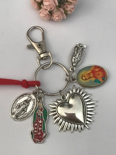 Porte-clés vierge de la Guadeloupe coeur sacré, cadeau pour maman vierge, breloque vierge médaille miraculeuse, porte clés ex voto