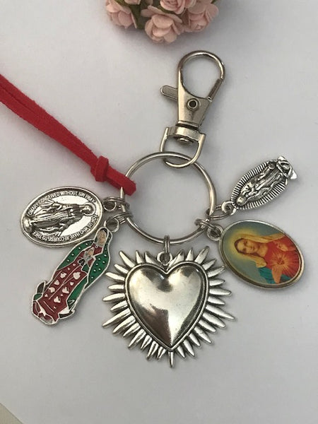 Porte-clés vierge de la Guadeloupe coeur sacré, cadeau pour maman vierge, breloque vierge médaille miraculeuse, porte clés ex voto