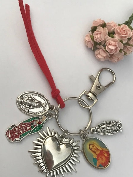 Porte-clés vierge de la Guadeloupe coeur sacré, cadeau pour maman vierge, breloque vierge médaille miraculeuse, porte clés ex voto