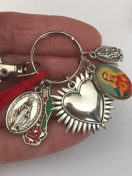 Porte-clés vierge de la Guadeloupe coeur sacré, cadeau pour maman vierge, breloque vierge médaille miraculeuse, porte clés ex voto