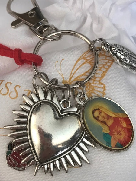 Porte-clés vierge de la Guadeloupe coeur sacré, cadeau pour maman vierge, breloque vierge médaille miraculeuse, porte clés ex voto